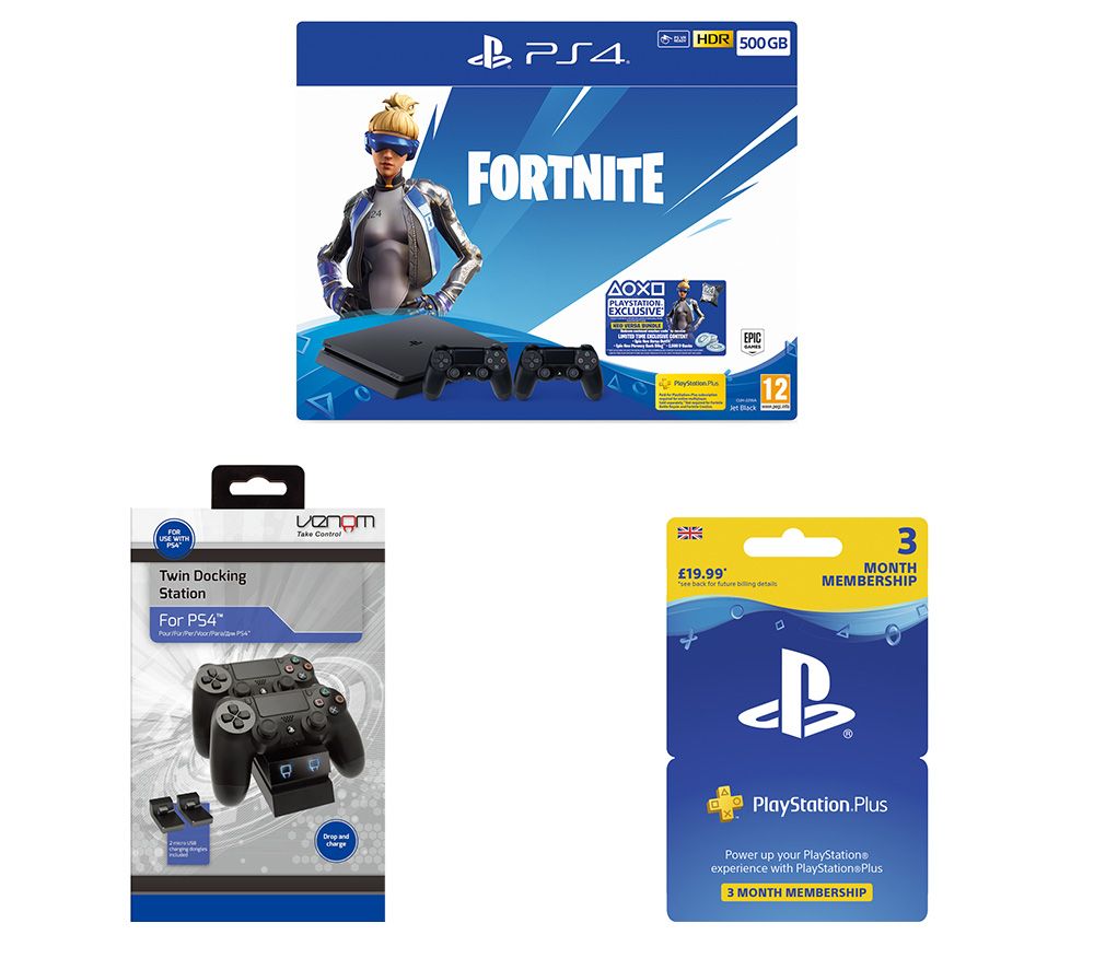 SONY PlayStation 4 with Fortnite Neo Versa, Twin Docking Station & PlayStation Plus Bundle - 500 GB, Red