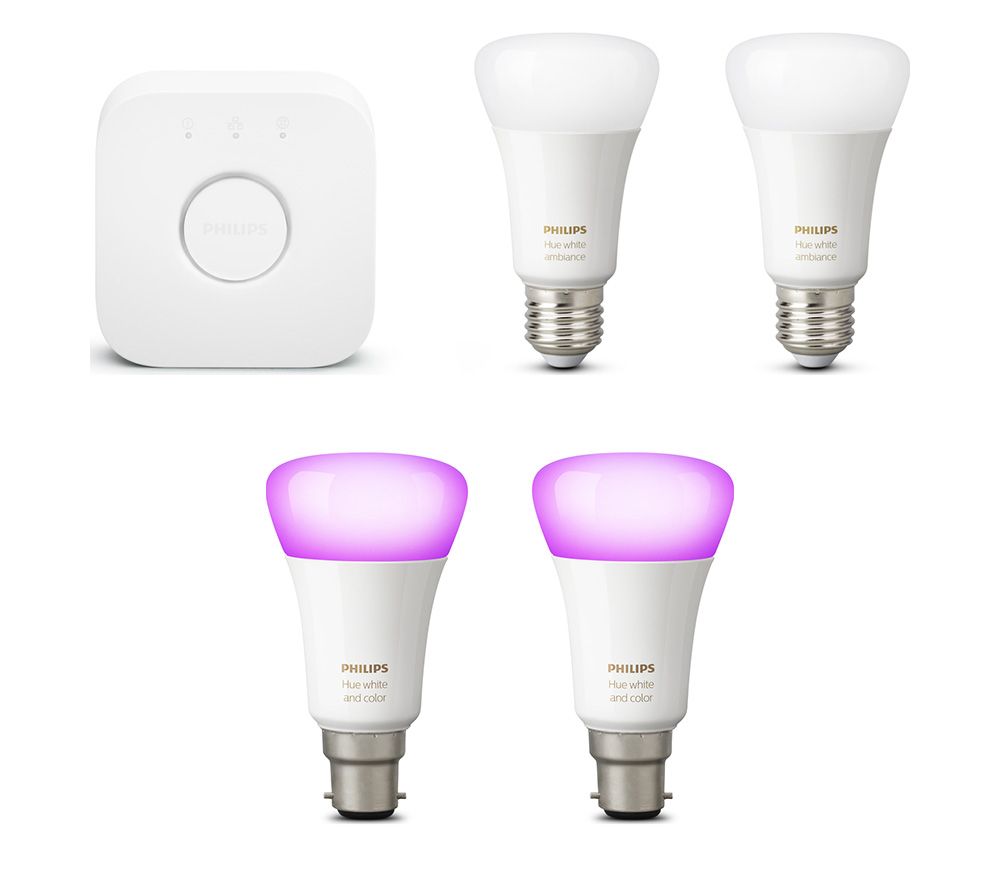 PHILIPS Hue White and Colour Ambience Mini E27 Smart Bulb Starter Kit & Twin B22 Bulb Bundle, White