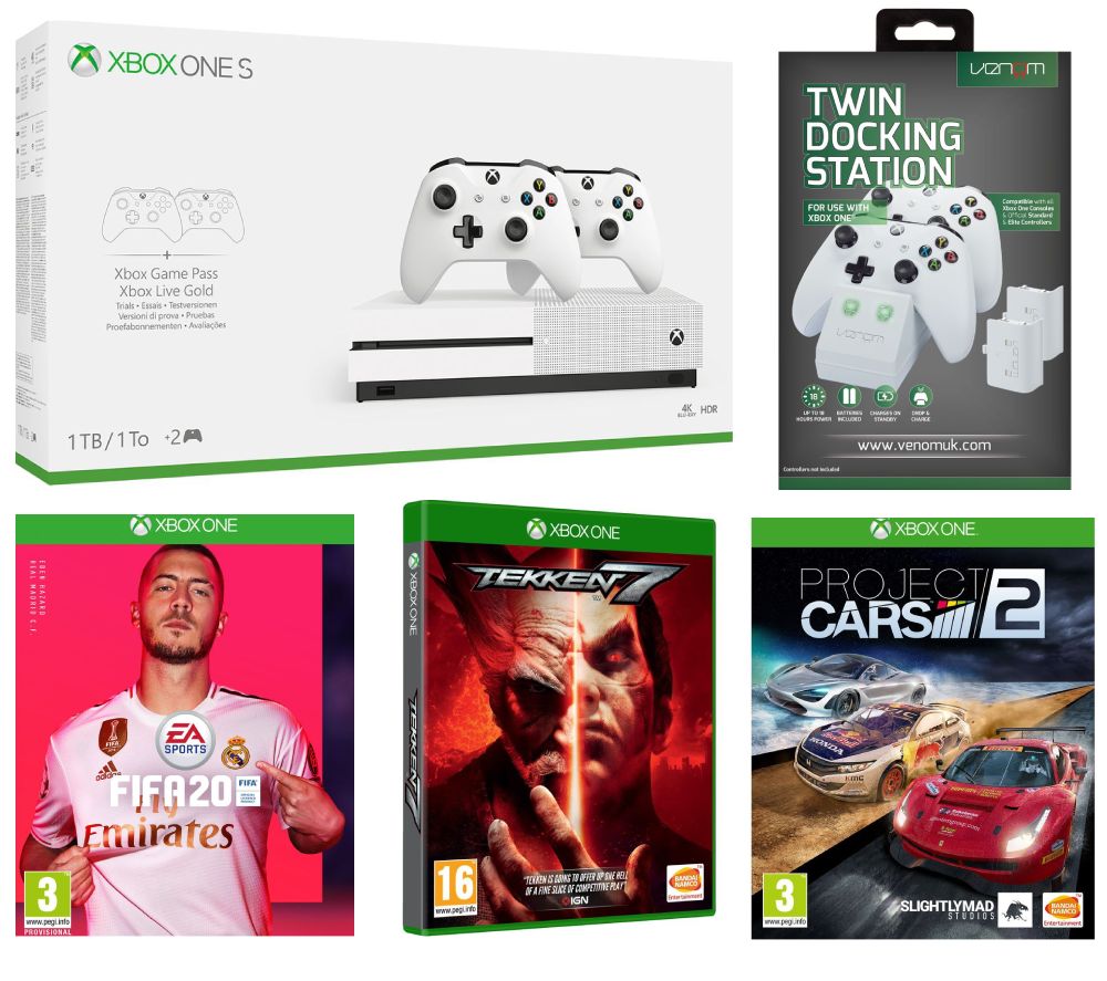 MICROSOFT Xbox One S with Dual Wireless Controllers, FIFA 20, Tekken 7, Project Cars 2 and Docking Station Bundle - 1 TB