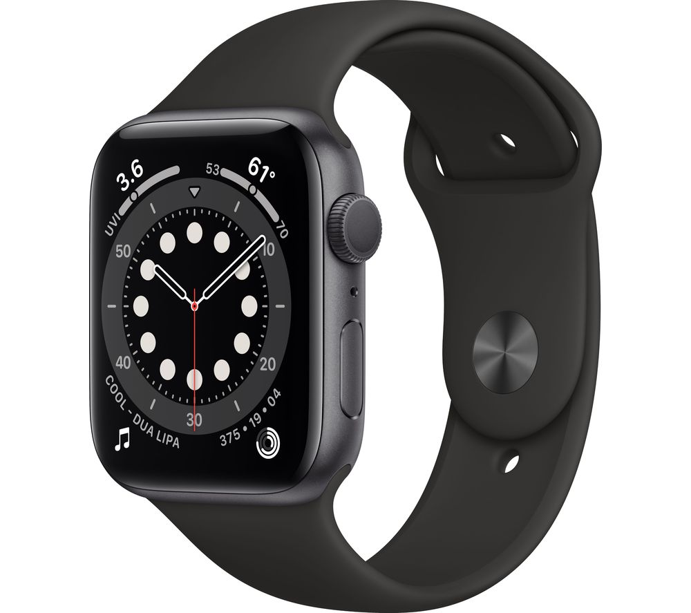 APPLE Watch Series 6 Cellular - Space Grey Aluminium with Black Sports Band, 44 mm, Black,Silver/Grey