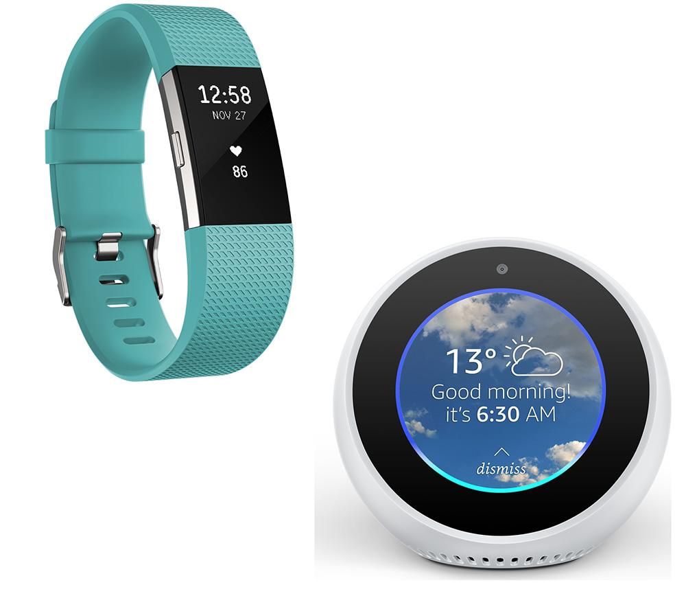FITBIT Charge 2 (Teal, Large) & Amazon Echo Spot Bundle, Teal