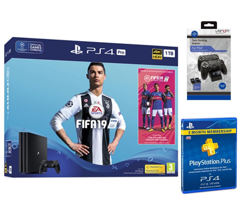 PlayStation 4 Pro with FIFA 19, Twin Docking Station & PlayStation Plus 3 Month Subscription Bundle, Red