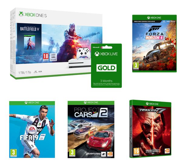 MICROSOFT Xbox One S, Battlefield V, Project Cars 2, Forza Horizon 4, Tekken 7, FIFA 19 & Xbox LIVE Gold Bundle, Gold