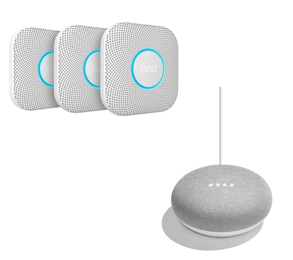 NEST Protect 2nd Generation Smoke and Carbon Monoxide Alarms Triple Pack & Google Home Mini Bundle - Chalk