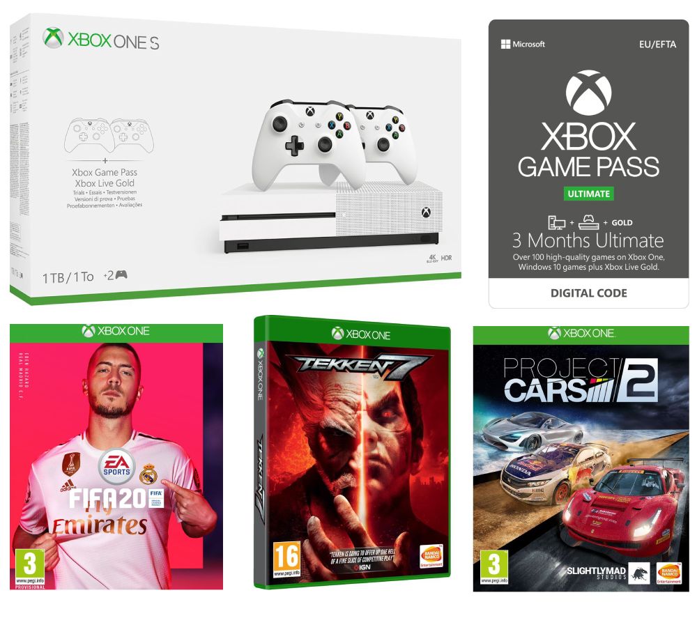 MICROSOFT Xbox One S with Dual Wireless Controllers, FIFA 20, Tekken 7, Project Cars 2 & Game Pass Bundle - 1 TB, Gold