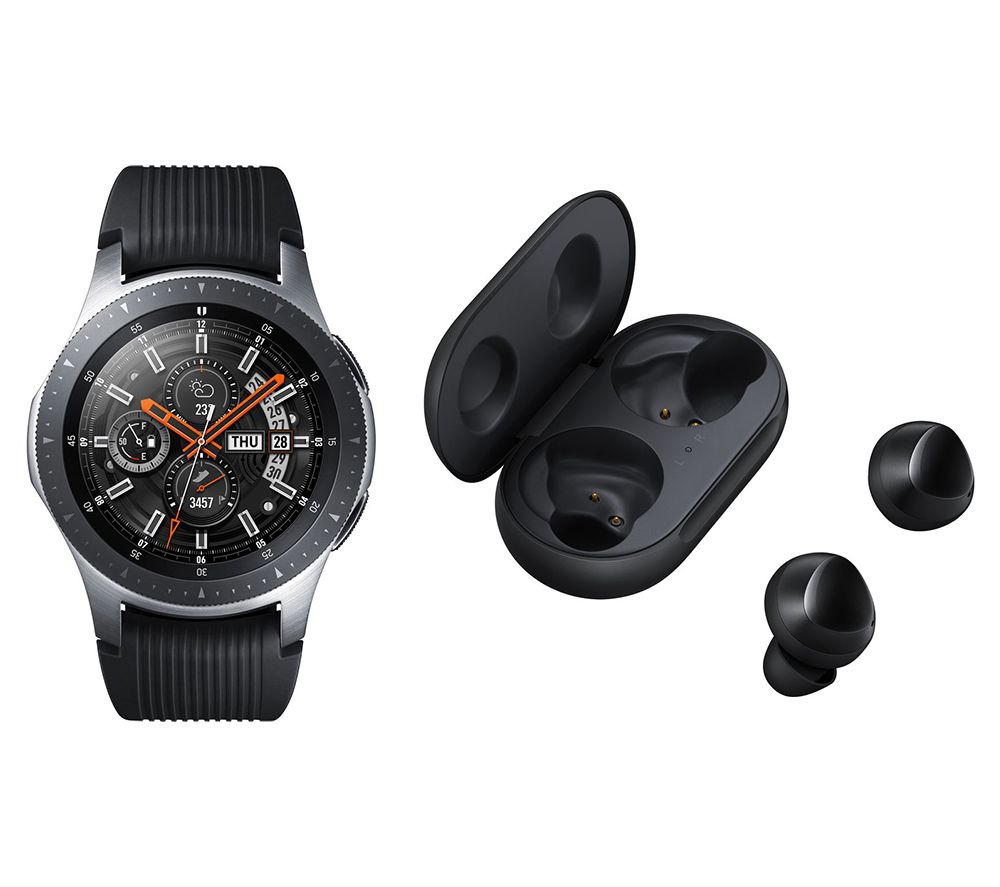SAMSUNG Galaxy Watch 4G & Black Galaxy Buds Bundle - Silver, 46 mm, Black