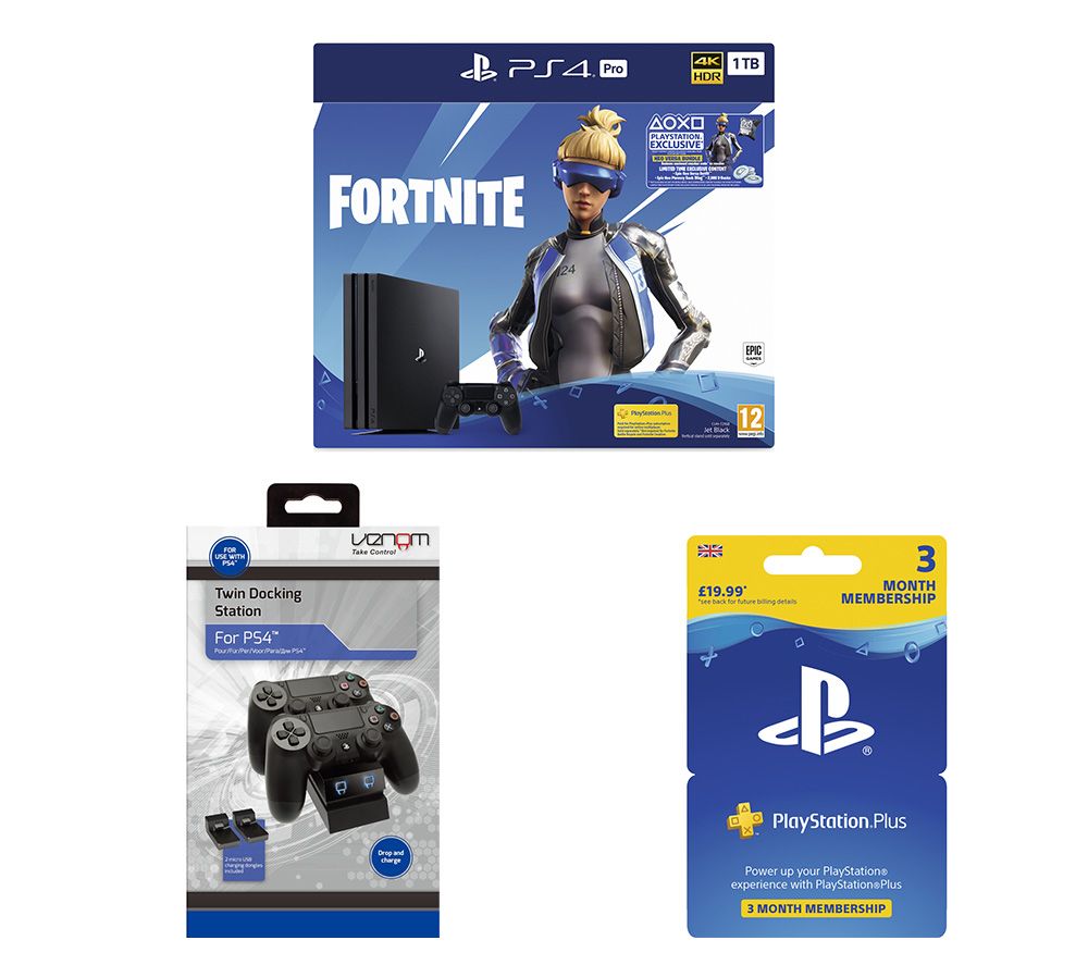 SONY PlayStation 4 Pro with Fortnite Neo Versa, Twin Docking Station & PlayStation Plus Bundle - 1 TB, Red