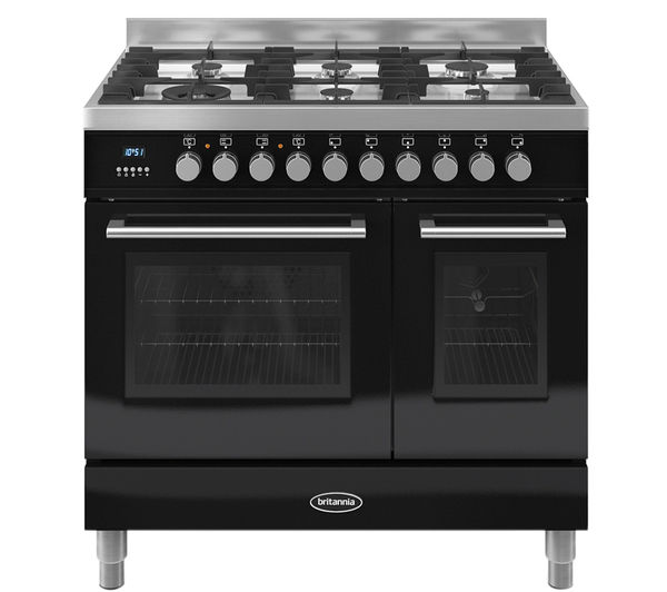 BRITANNIA Q Line 90 Twin Dual Fuel Range Cooker - Gloss Black & Stainless Steel, Stainless Steel