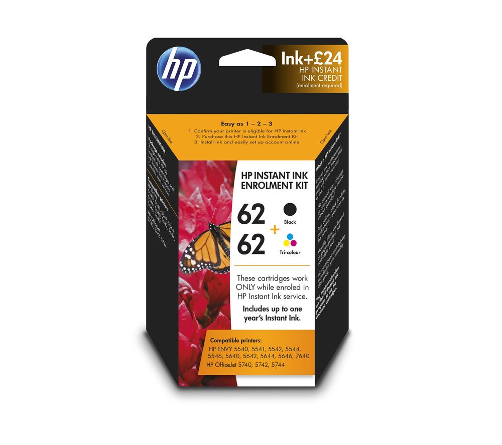 HP 62 Instant Black & Tri Colour Ink with HP Instant Ink Enrolment - £24 credit, Black