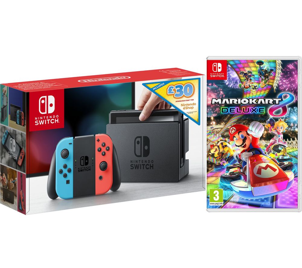 Switch Neon with £30 eShop Credit & Mario Kart 8 Deluxe Bundle, Neon