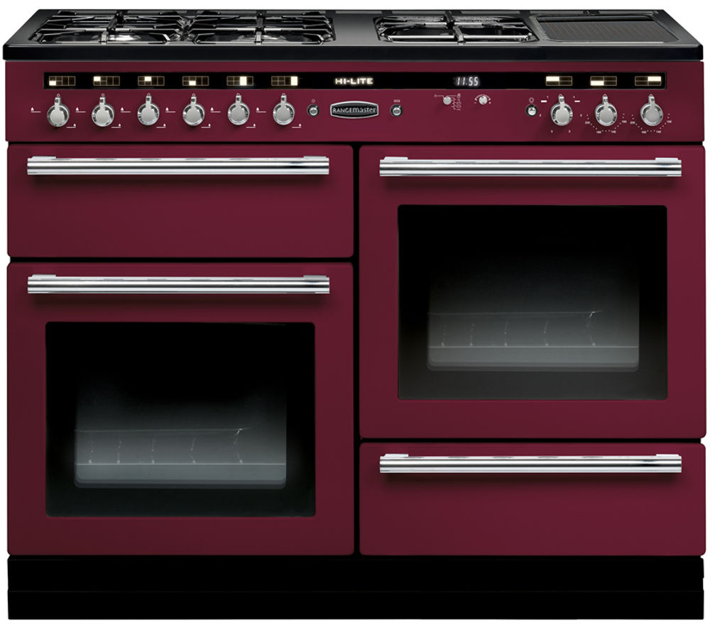 RANGEMASTER Hi-Lite 110 Dual Fuel Range Cooker - Cranberry & Chrome, Cranberry