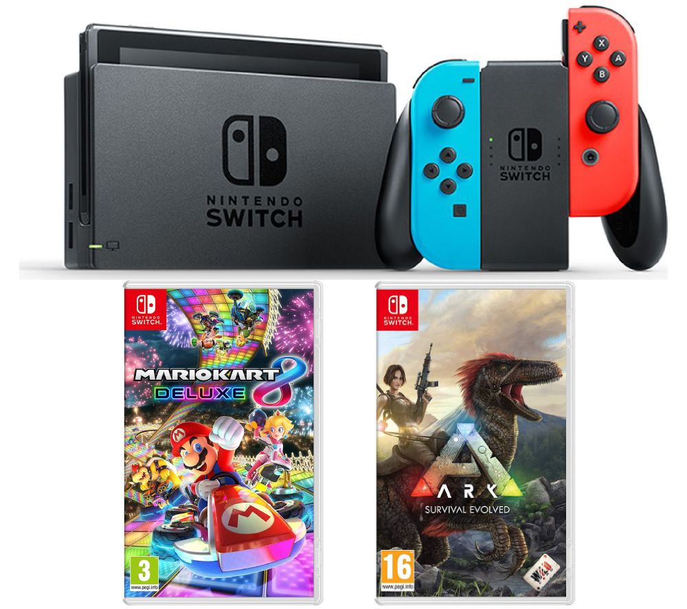 NINTENDO Switch Neon Red & Blue, ARK: Survival Evolved & Mario Kart 8 Deluxe Bundle, Neon