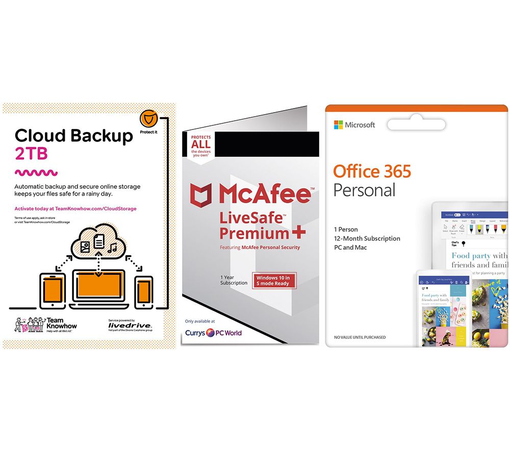 MCAFEE LiveSafe Unlimited Devices, Microsoft Office 365 1 User & Knowhow 2 TB Cloud Backup Bundle - 1 year
