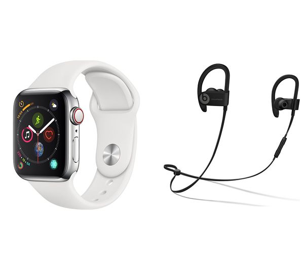 APPLE Watch Series 4 Cellular & Powerbeats3 Wireless Bluetooth Headphones Bundle - Silver & White Sports Band, 40 mm, Silver