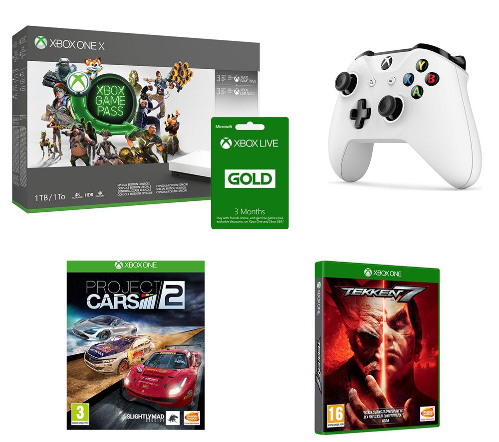 MICROSOFT Xbox One X, Project Cars 2, Tekken 7, Wireless Controller, 3 Months Game Pass & 6 Months LIVE Gold Bundle, Gold