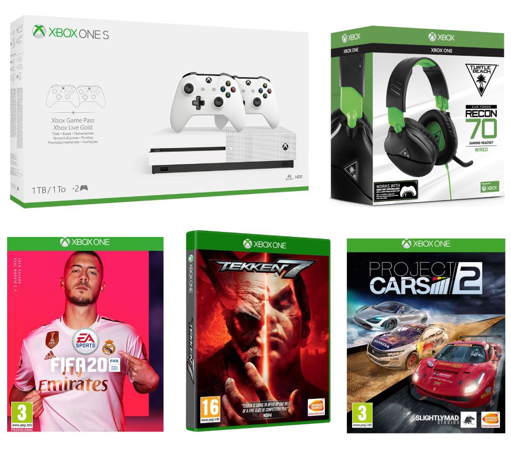 MICROSOFT Xbox One S with FIFA 20, Tekken 7, Project Cars 2, Dual Wireless Controllers & Gaming Headset Bundle - 1 TB, Black