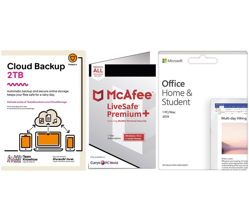 MCAFEE LiveSafe Unlimited Devices, Microsoft Office Home & Student 2019 & Knowhow 2 TB Cloud Backup Bundle - 1 year