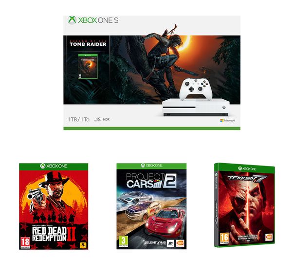 MICROSOFT Xbox One S, Shadow of the Tomb Raider, Red Dead Redemption 2, Tekken 7 & Project Cars 2 Bundle, Red
