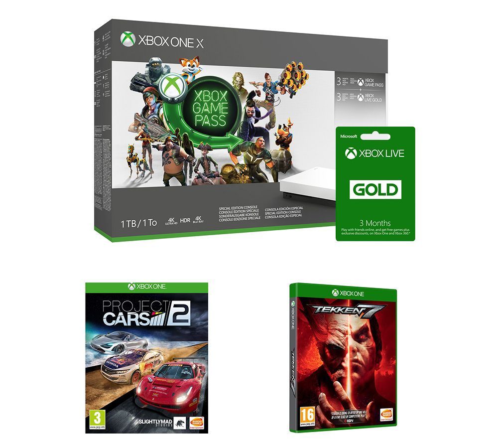 MICROSOFT Xbox One X, 3 Months Game Pass, 6 Months LIVE Gold Membership, Tekken 7 & Project Cars 2 Bundle - 1 TB, Gold