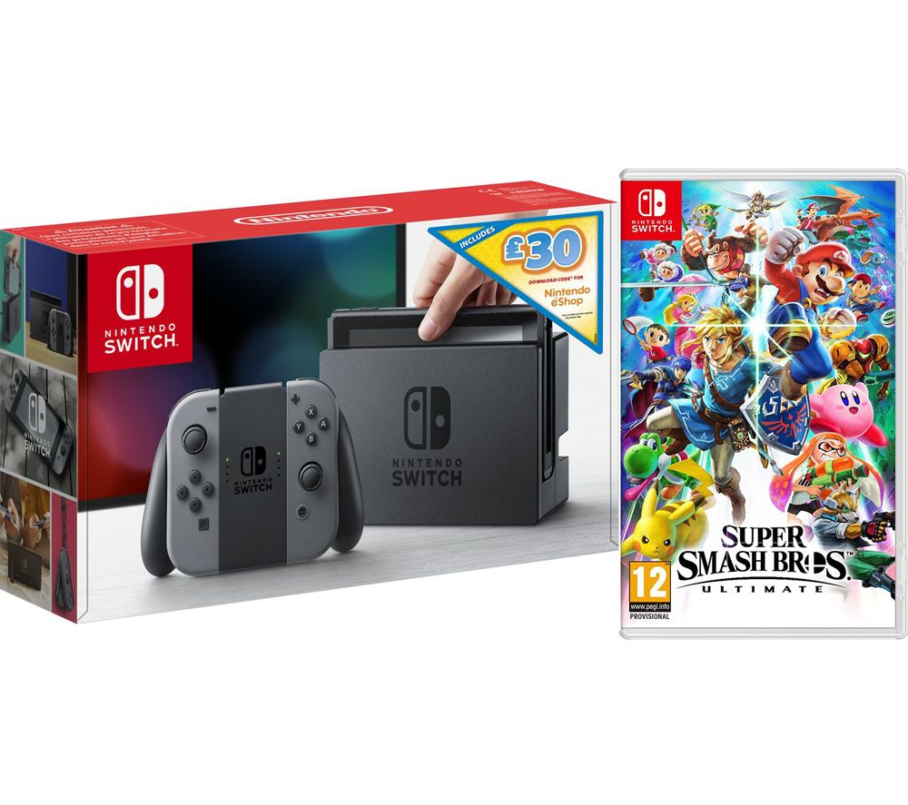 Switch Grey with £30 eShop Credit & Super Smash Bros. Ultimate Bundle, Grey