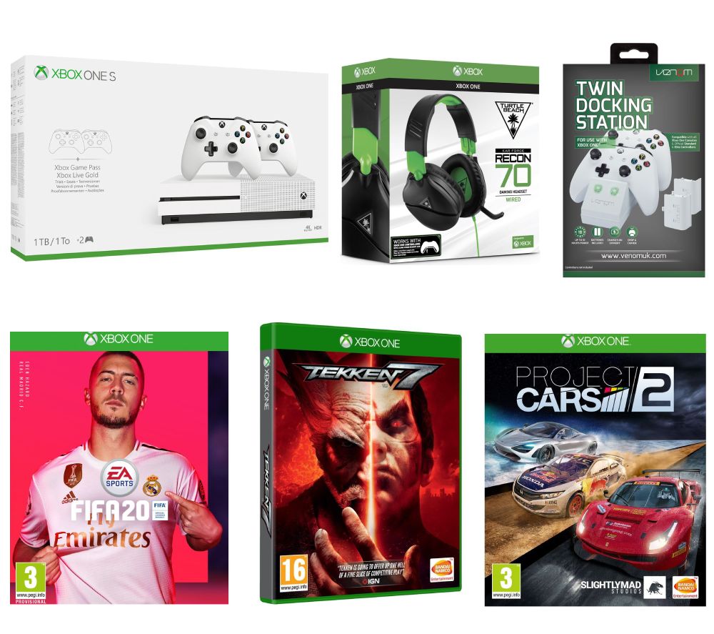 MICROSOFT Xbox One S with FIFA 20, Tekken 7, Project Cars 2, Dual Wireless Controllers, Docking Station & Gaming Headset Bundle - 1 TB, Black