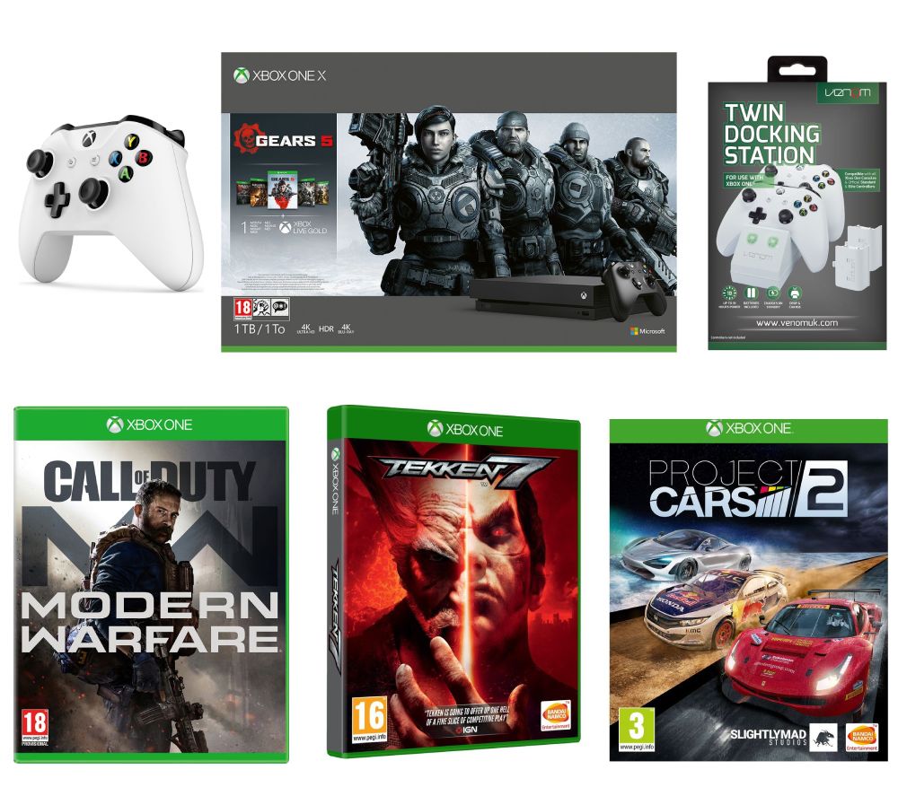 MICROSOFT Xbox One X with Gears 5, Project Cars 2, Call of Duty: Modern Warfare, Tekken 7, Wireless Controller & Game Pass Bundle, White