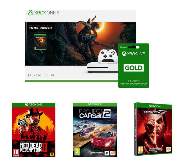 MICROSOFT Xbox One S, Shadow of the Tomb Raider, Red Dead Redemption 2, Tekken 7, Project Cars 2 & Xbox LIVE Gold Bundle, Red