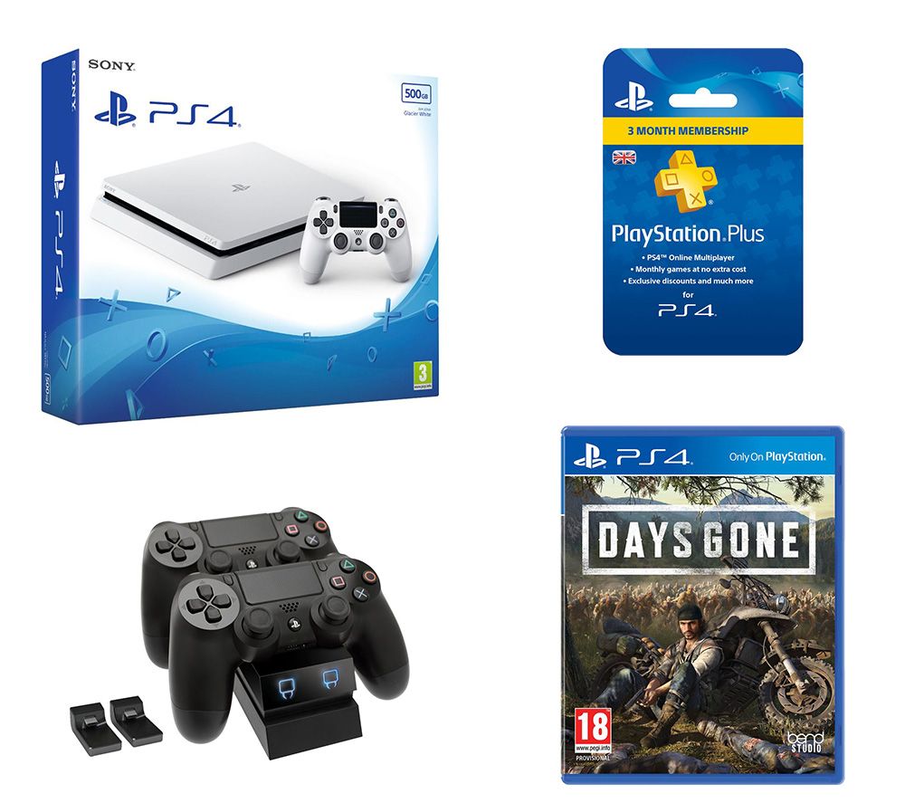 SONY PlayStation 4, Days Gone, Twin Docking Station & PlayStation Plus Bundle - 500 GB, White, White