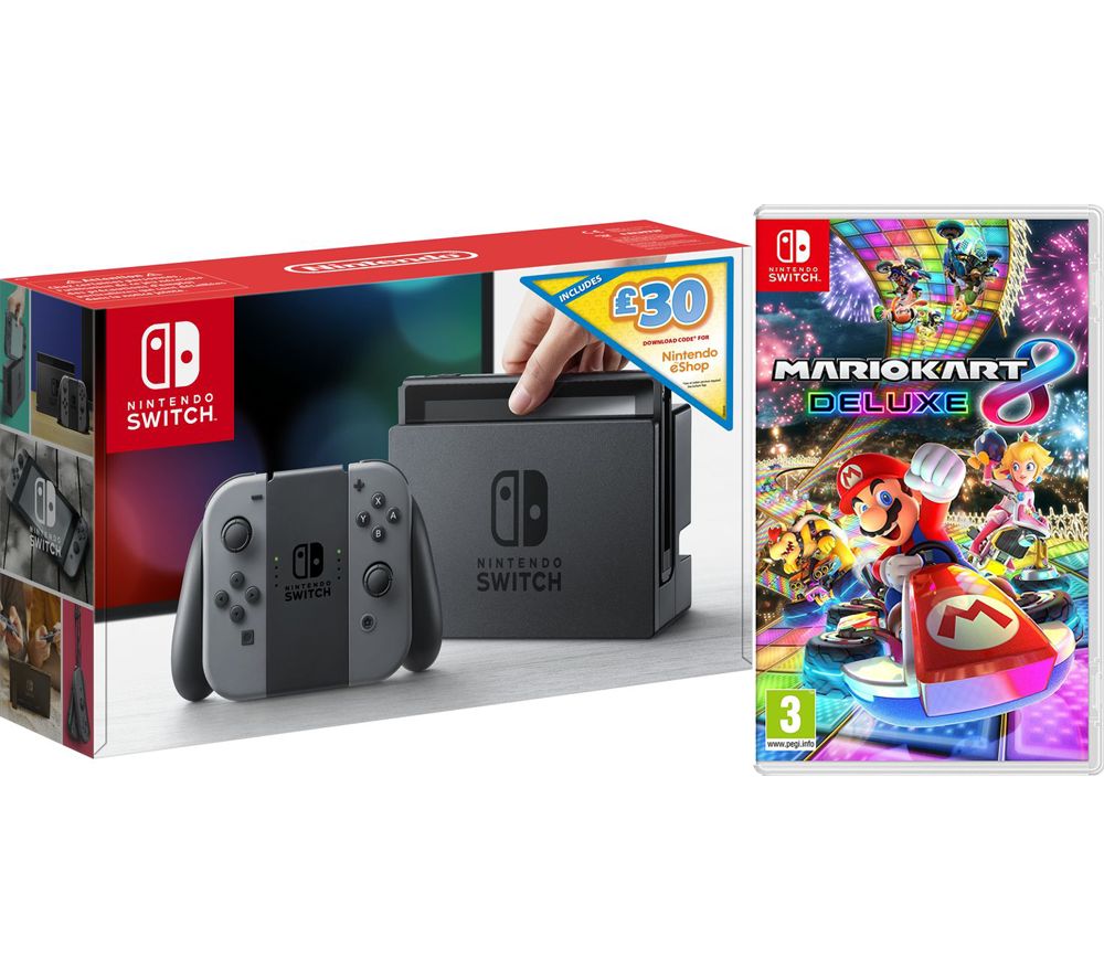 NINTENDO Switch Grey with £30 eShop Credit & Mario Kart 8 Deluxe, Grey