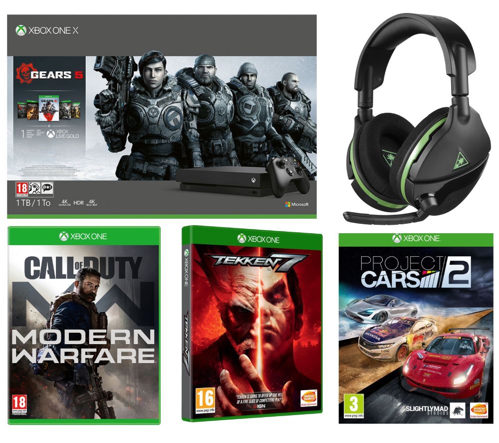 MICROSOFT Xbox One X with Gears 5, Project Cars 2, Call of Duty: Modern Warfare, Tekken 7 & Gaming Headset Bundle, Black