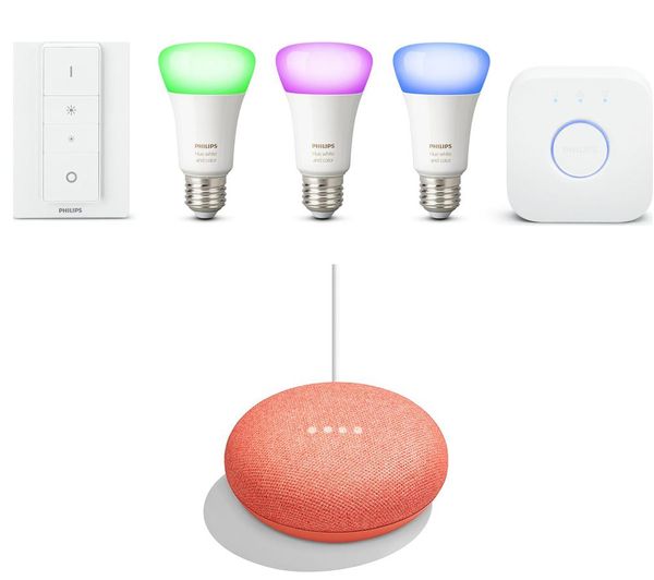 PHILIPS Hue White & Colour Ambiance E27 Smart Bulb Starter Kit & Google Home Mini Bundle - Coral, White