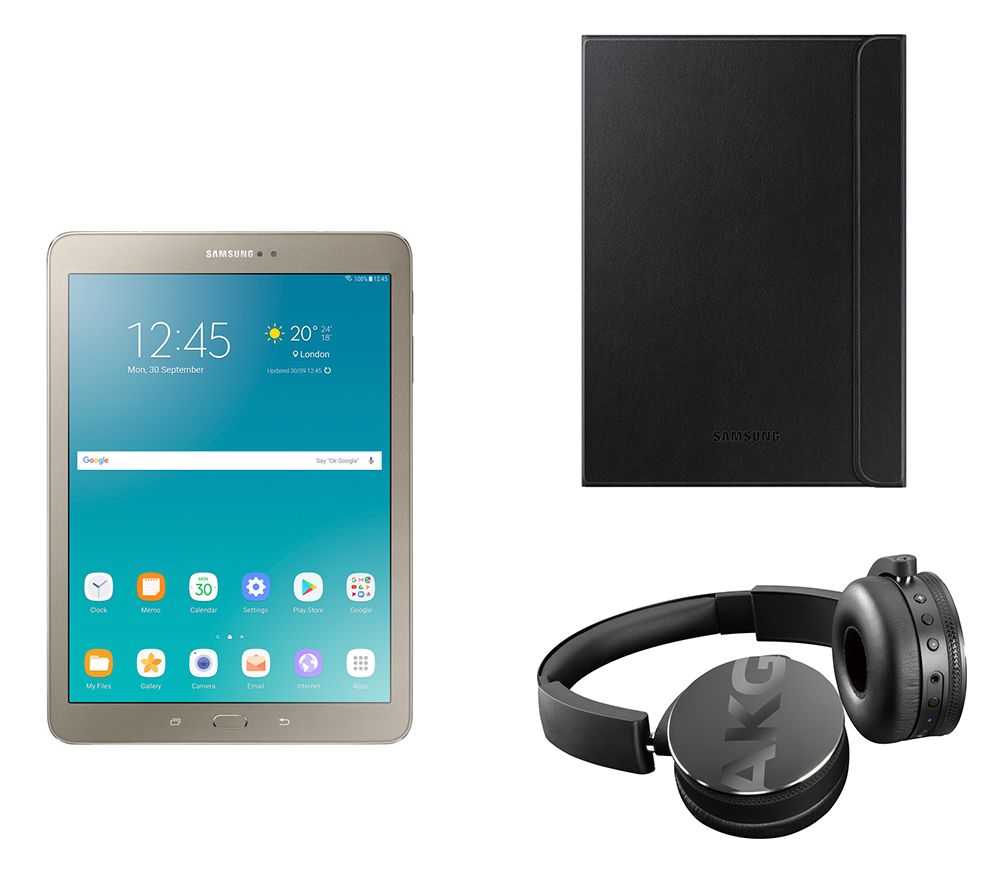 SAMSUNG Galaxy Tab S2 9.7 Tablet, C50BT Wireless Bluetooth Headphones & Galaxy Tab S2 Folio Case Bundle - 32 GB, Gold, Gold