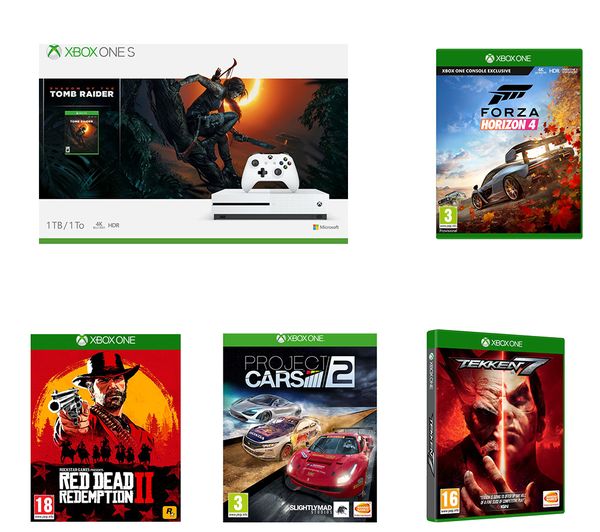 MICROSOFT Xbox One S, Shadow of the Tomb Raider, Project Cars 2, Forza Horizon 4, Tekken 7 & Red Dead Redemption 2 Bundle, Red