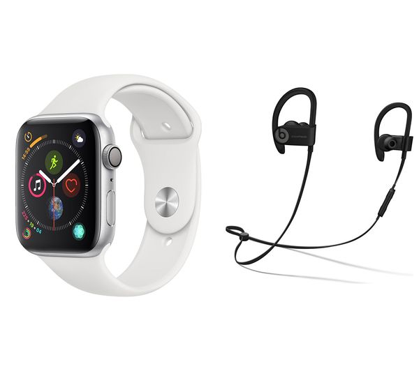 APPLE Watch Series 4 & Beats Powerbeats3 Wireless Bluetooth Headphones Bundle - Silver & White Sports Band, 44 mm, Silver