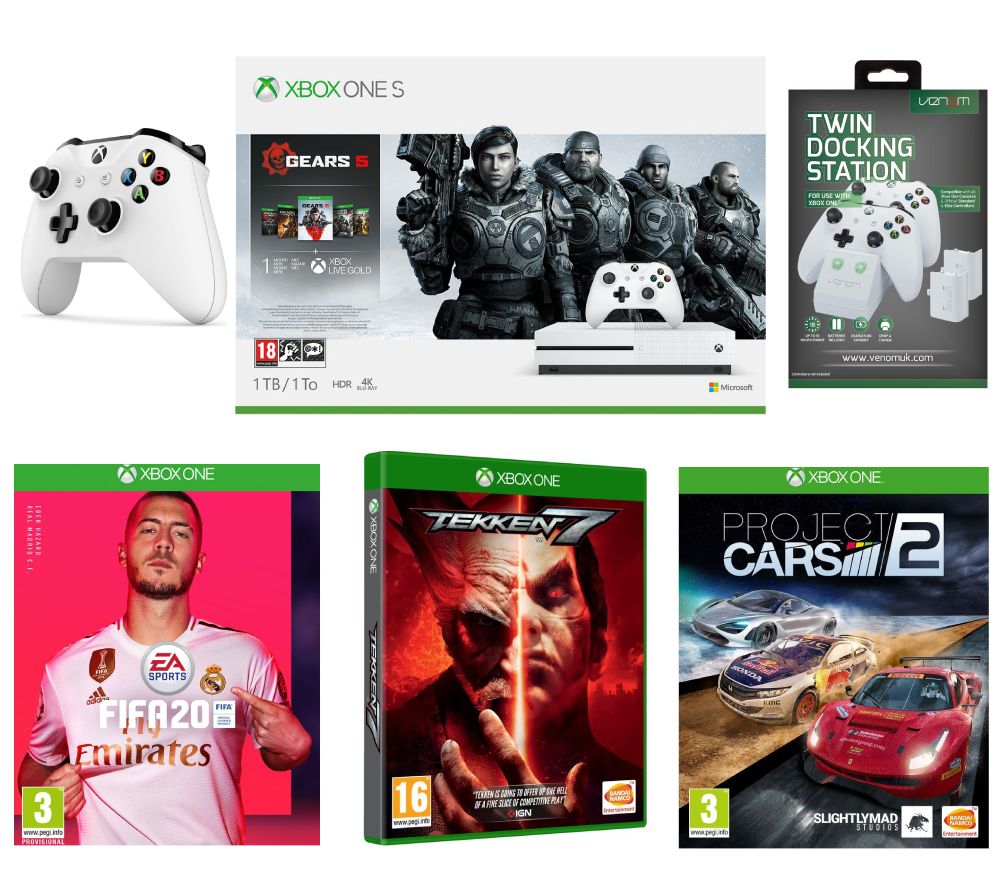 MICROSOFT Xbox One S with Gears 5, FIFA 20, Tekken 7 & Project Cars 2, Wireless Controller and Twin Docking Station Bundle