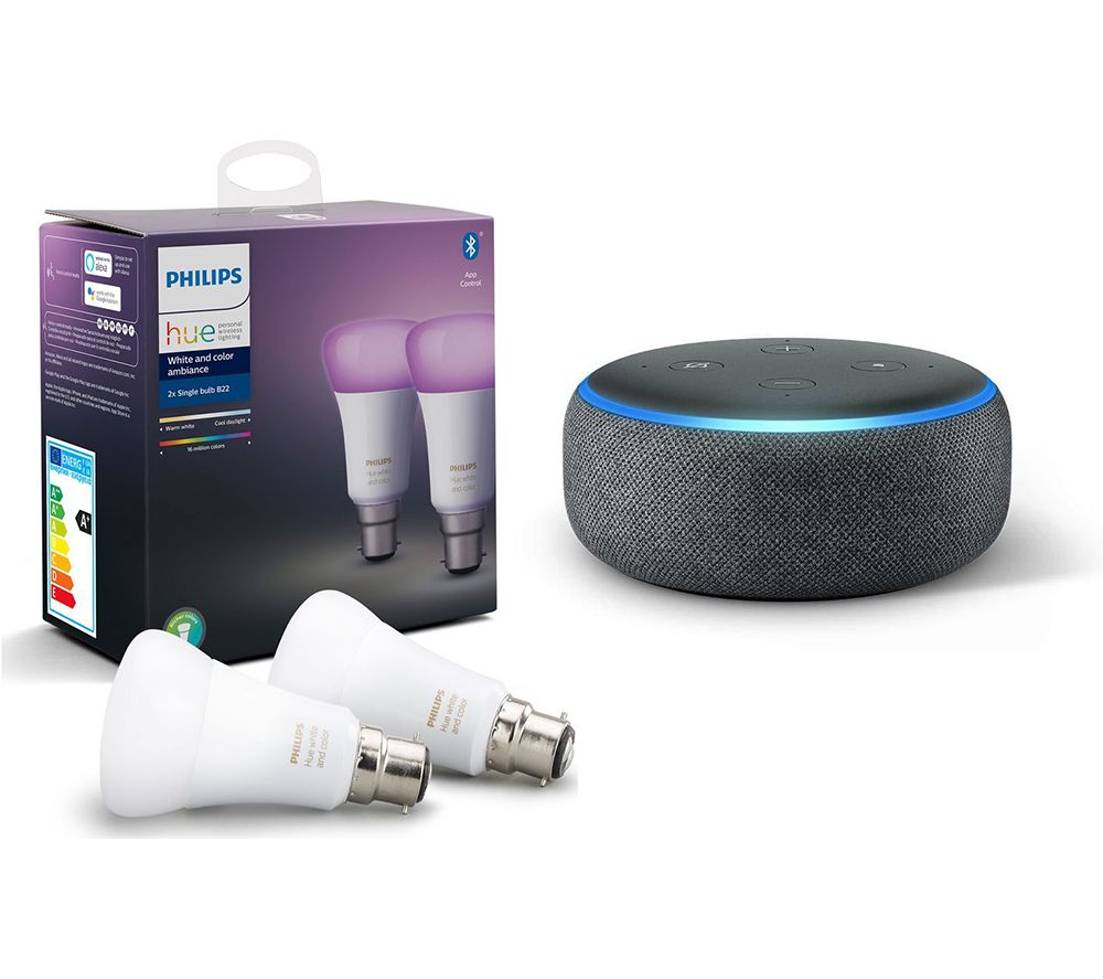 Philips Hue White & Colour Ambiance B22 Bulb Twin Pack & Amazon Echo Dot (2018) - Charcoal