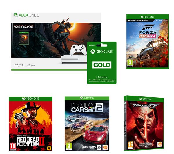 MICROSOFT Xbox One S, Shadow of the Tomb Raider, Tekken 7, Project Cars 2, Forza Horizon 4, Red Dead Redemption 2 & Xbox LIVE Gold Membership Bundle, Red