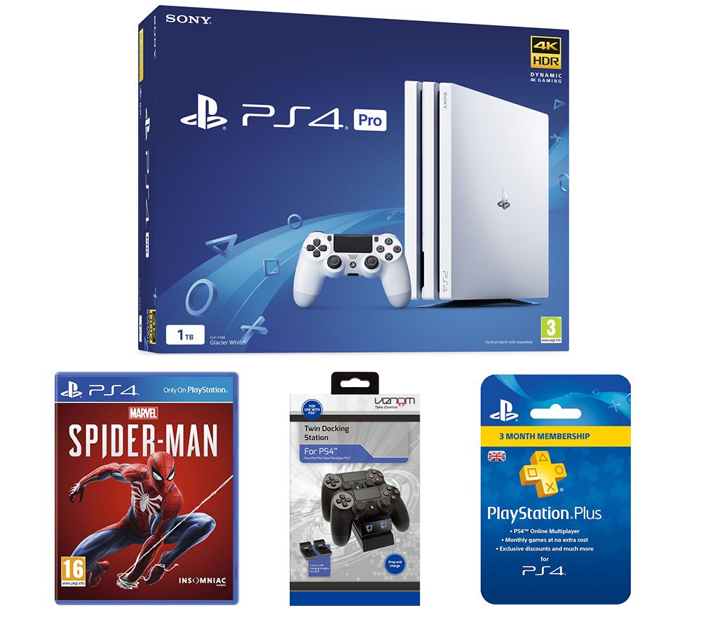 SONY PlayStation 4 Pro, Marvel's Spider-Man, Twin Docking Station & PlayStation Plus Subscription Bundle, Red