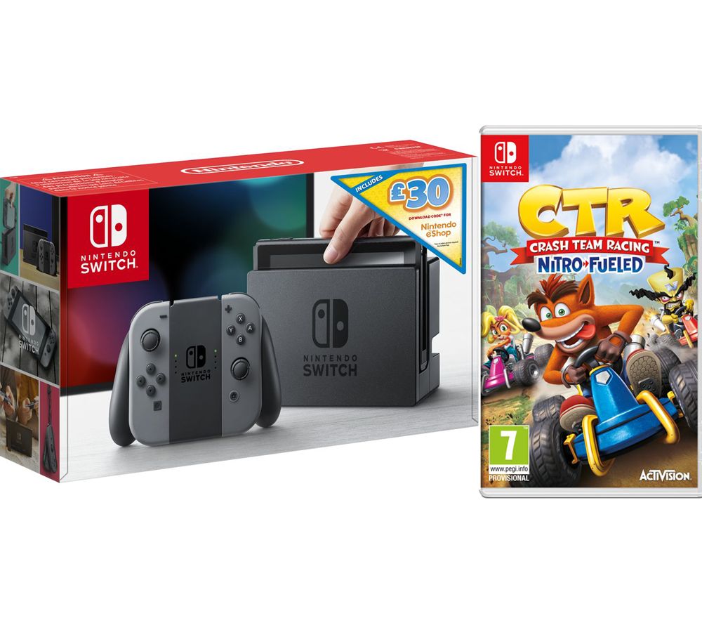 NINTENDO Switch Grey with £30 eShop Credit & Crash Team Racing - Nitro-Fuelled, Grey