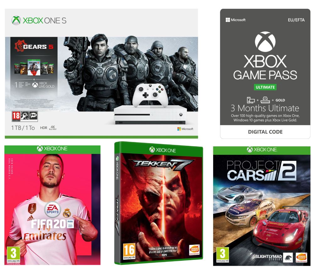 MICROSOFT Xbox One S with Gears 5, FIFA 20, Tekken 7, Project Cars 2 & Ultimate Game Pass Bundle, Gold