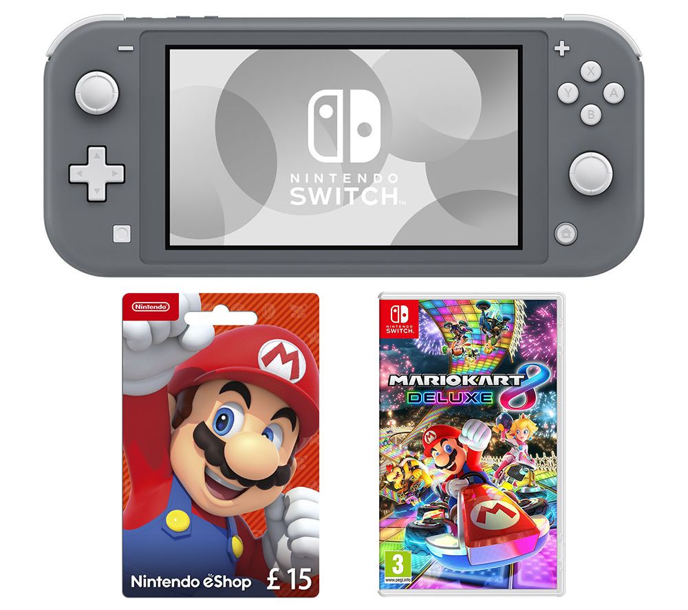NINTENDO Switch Lite, Mario Kart 8 Deluxe & eShop £15 Gift Card Bundle - Grey, Grey