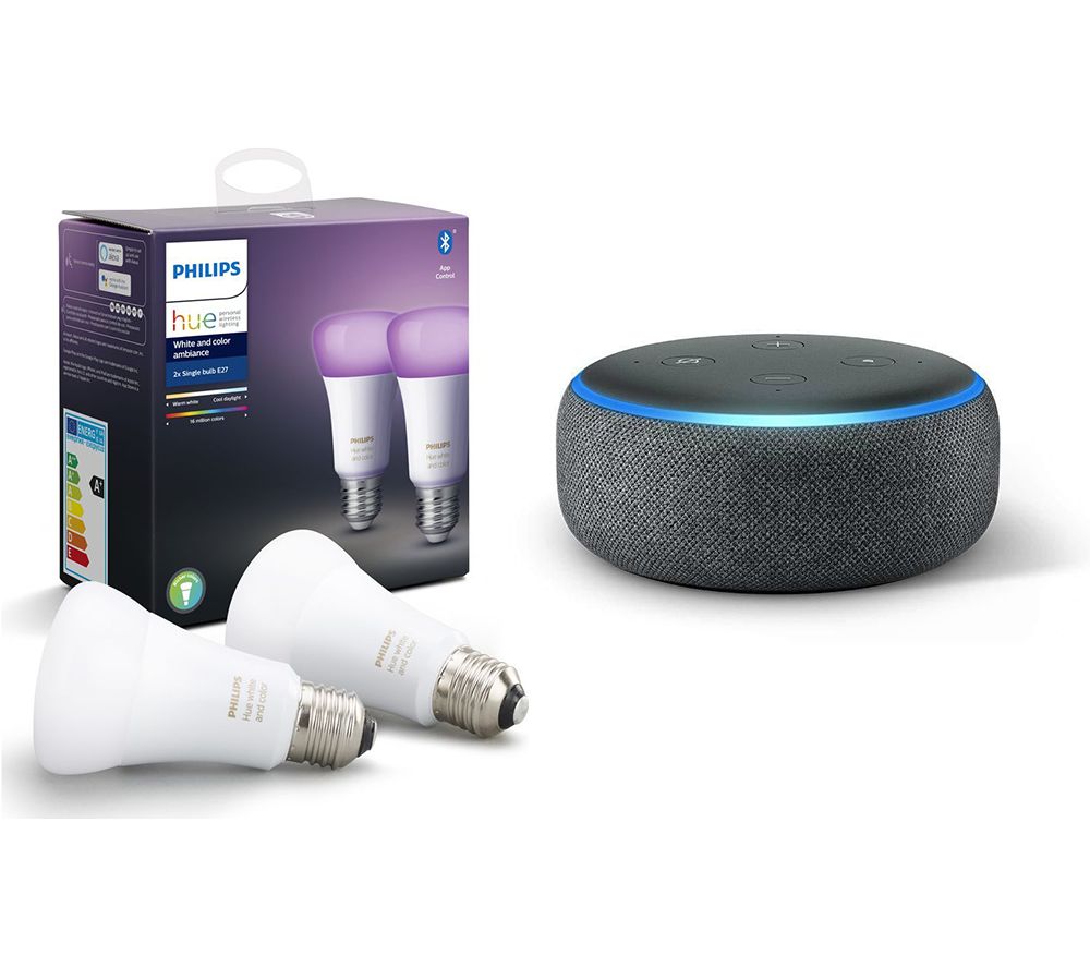 Philips Hue White & Colour Ambiance E27 Bulb Twin Pack & Amazon Echo Dot (2018) - Charcoal