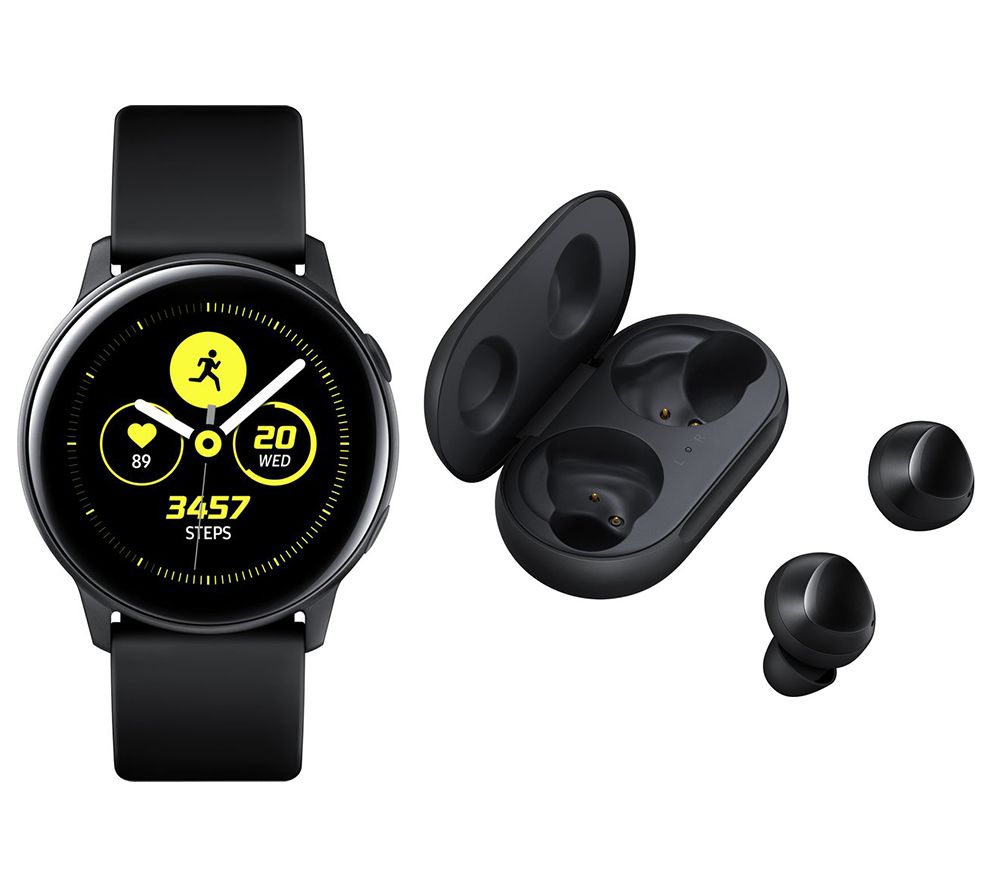 SAMSUNG Galaxy Watch Active 2 4G & Black Galaxy Buds Bundle - Black, Leather & Stainless Steel, 40 mm, Stainless Steel