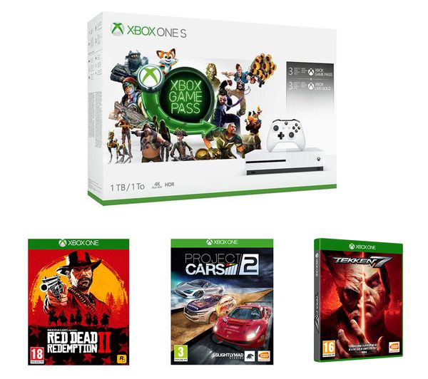MICROSOFT Xbox One S, Game Pass, LIVE Gold Membership, Red Dead Redemption 2, Tekken 7 & Project Cars 2 Bundle, Gold