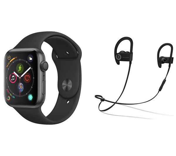 APPLE Watch Series 4 & Beats Powerbeats3 Wireless Bluetooth Headphones Bundle - Space Grey & Black Sports Band, 44 mm, Grey