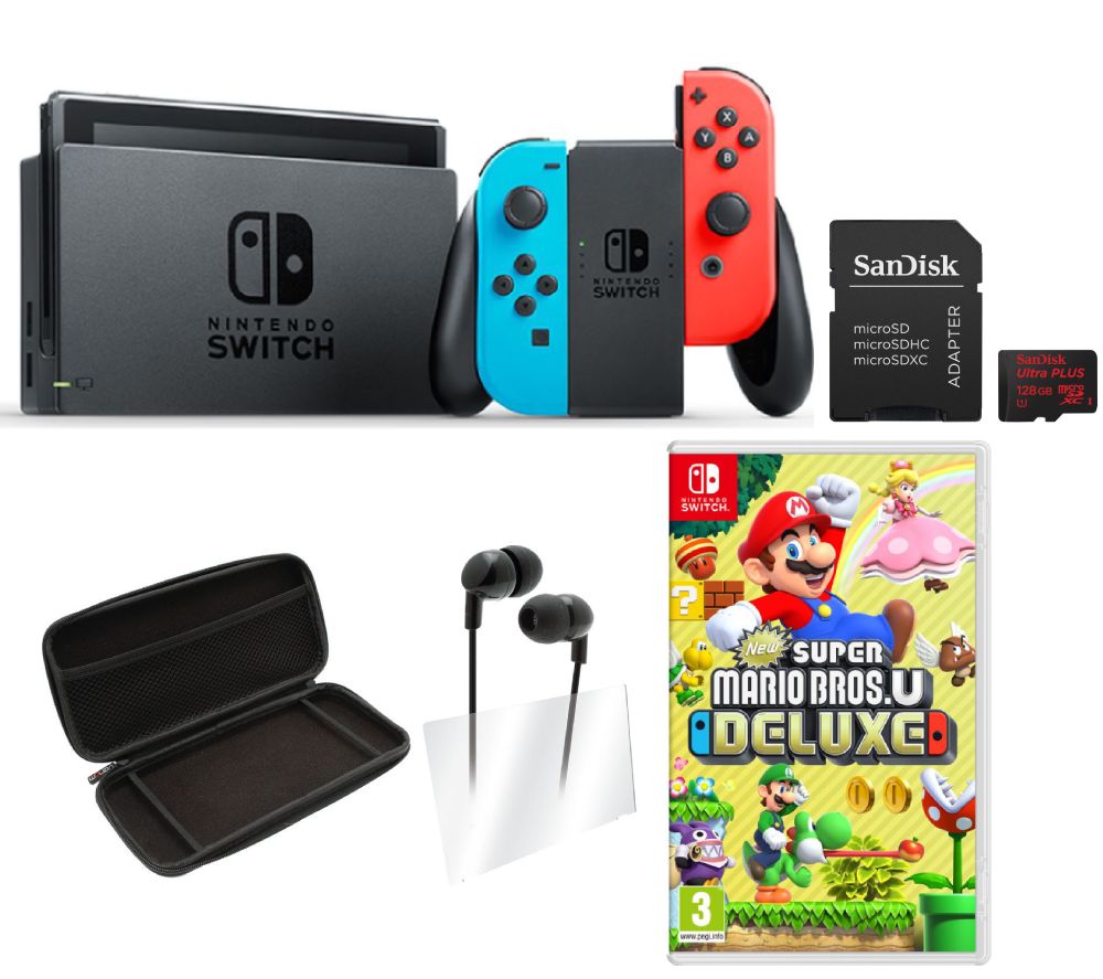 NINTENDO Switch Neon, New Super Mario Bros. U Deluxe, microSDXC Memory Card & Starter Kit Bundle, Neon