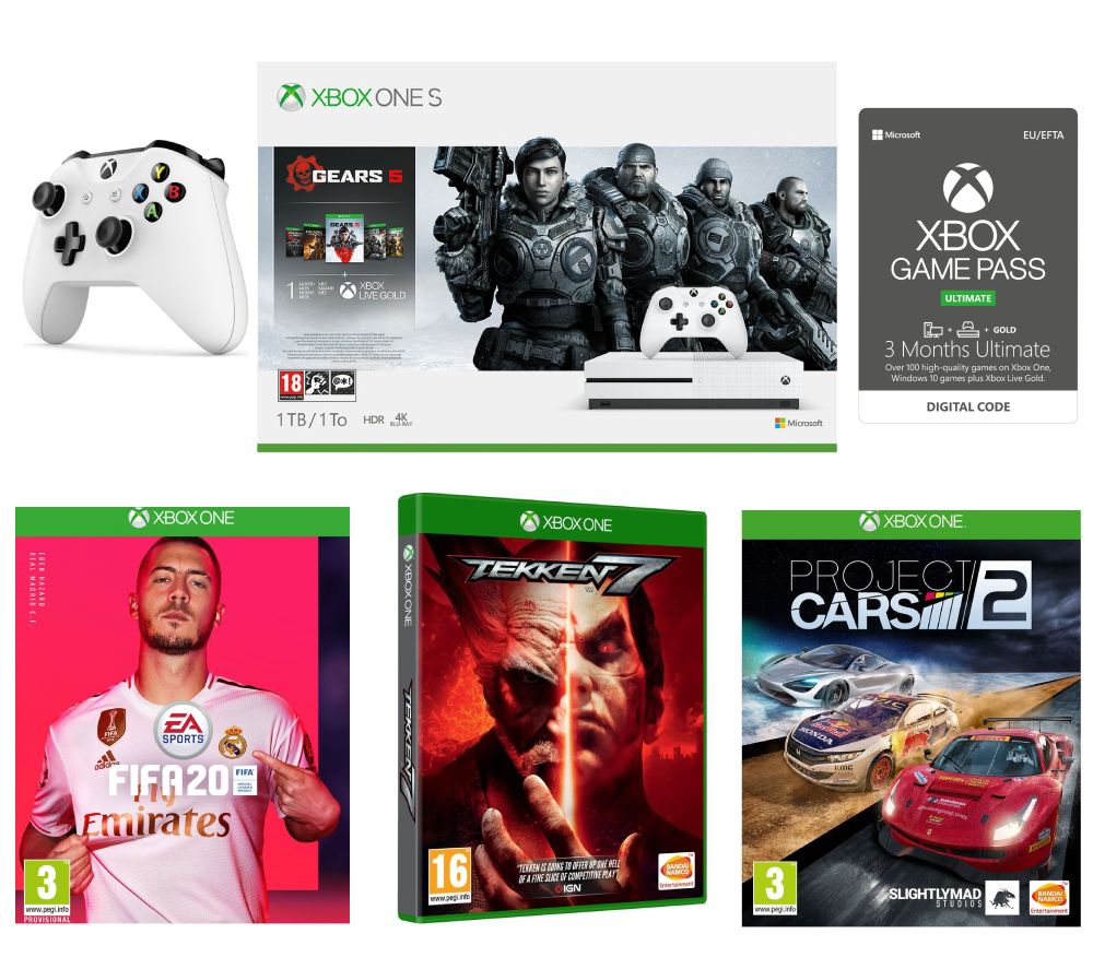 MICROSOFT Xbox One S with Gears 5, FIFA 20, Tekken 7, Project Cars 2, Wireless Controller & Ultimate Game Pass Bundle, Gold