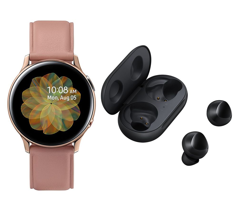 SAMSUNG Galaxy Watch Active2 4G & Black Galaxy Buds Bundle - Rose Gold, Leather & Stainless Steel, 40 mm, Stainless Steel