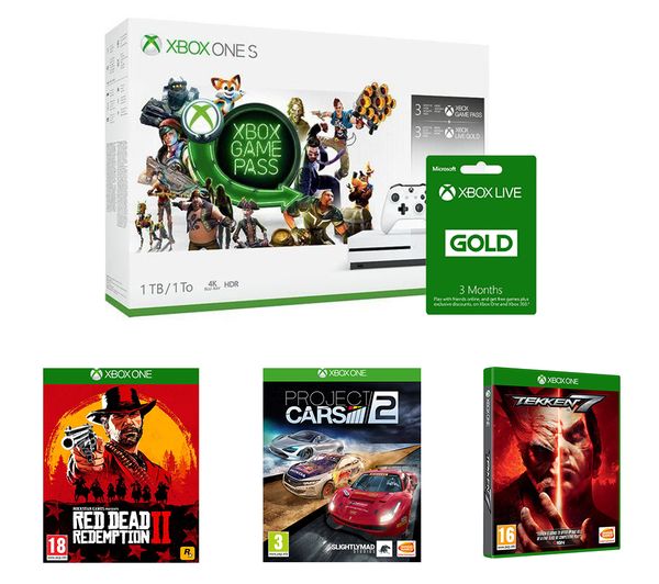 MICROSOFT Xbox One S, Game Pass, LIVE Gold Membership x 2, Red Dead Redemption 2, Tekken 7 & Project Cars 2 Bundle, Gold