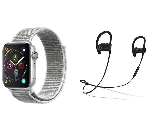 APPLE Watch Series 4 & Beats Powerbeats3 Wireless Bluetooth Headphones Bundle - Silver & Seashell Sports Loop, 44 mm, Silver